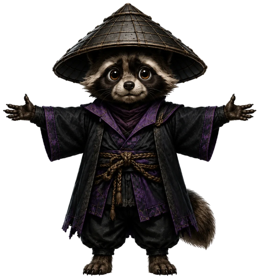 A small tanuki in a straw hat and dark robe, arms open, looking straight ahead.