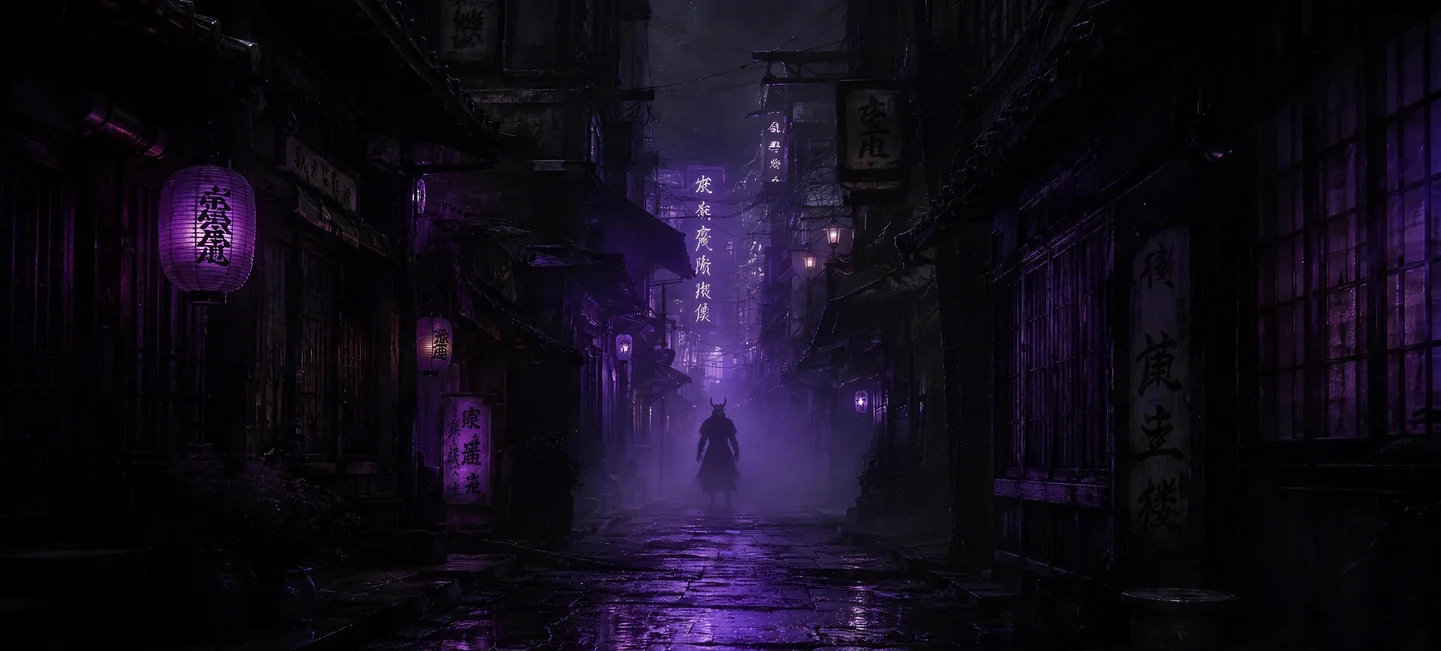 A lone figure at the end of a dark, lantern-lit alley.