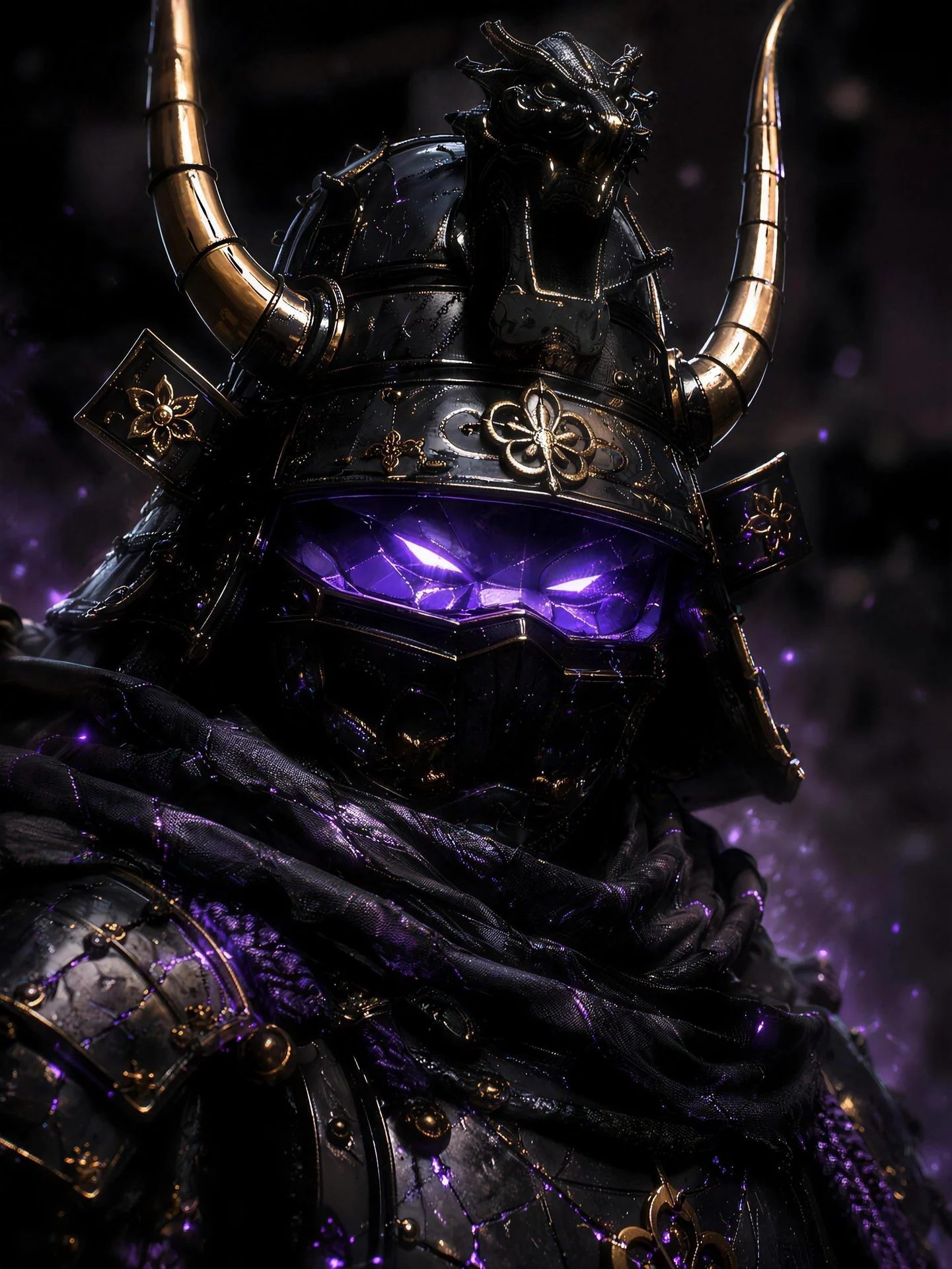 Close portrait of a warrior in black kintsugi armour with gold seams and glowing violet eyes.