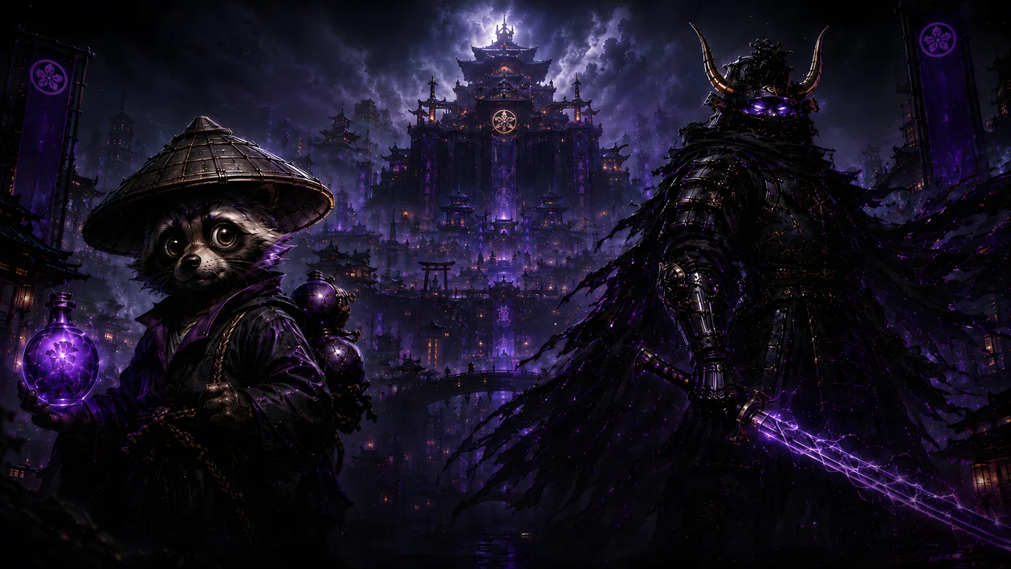 The small tanuki in a straw hat holds a glowing flask, the armoured warrior behind him in the violet city.