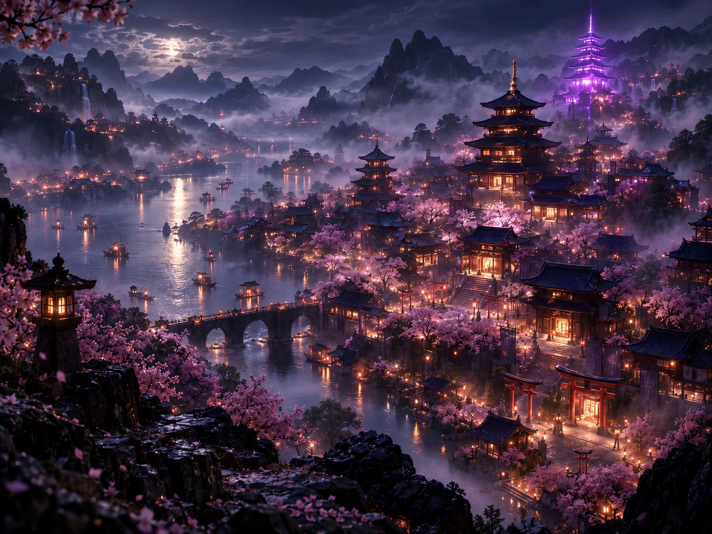 DOKYO at night from the cliffs above it: the moonlit river and its stone bridge, cherry trees and lantern-lit halls, the great pagoda, red torii gates and the violet tower in the mountains.
